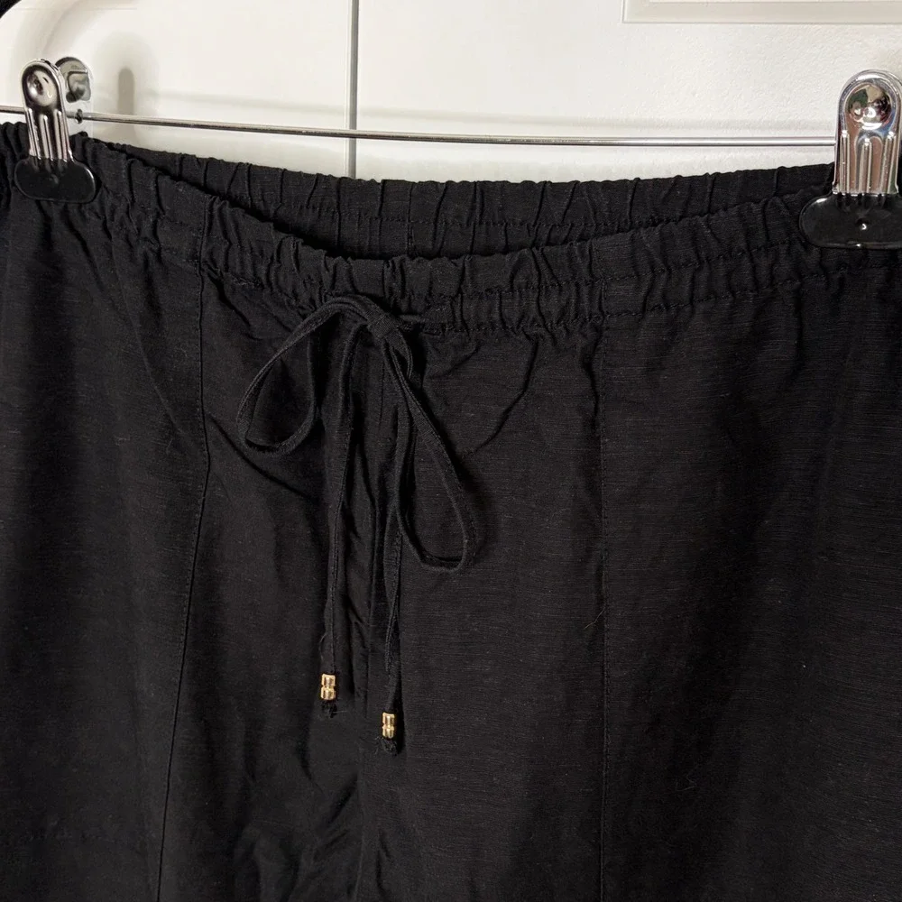 H&M Black Linen Blend Jogger Pants Medium Drawstring Relaxed Coastal